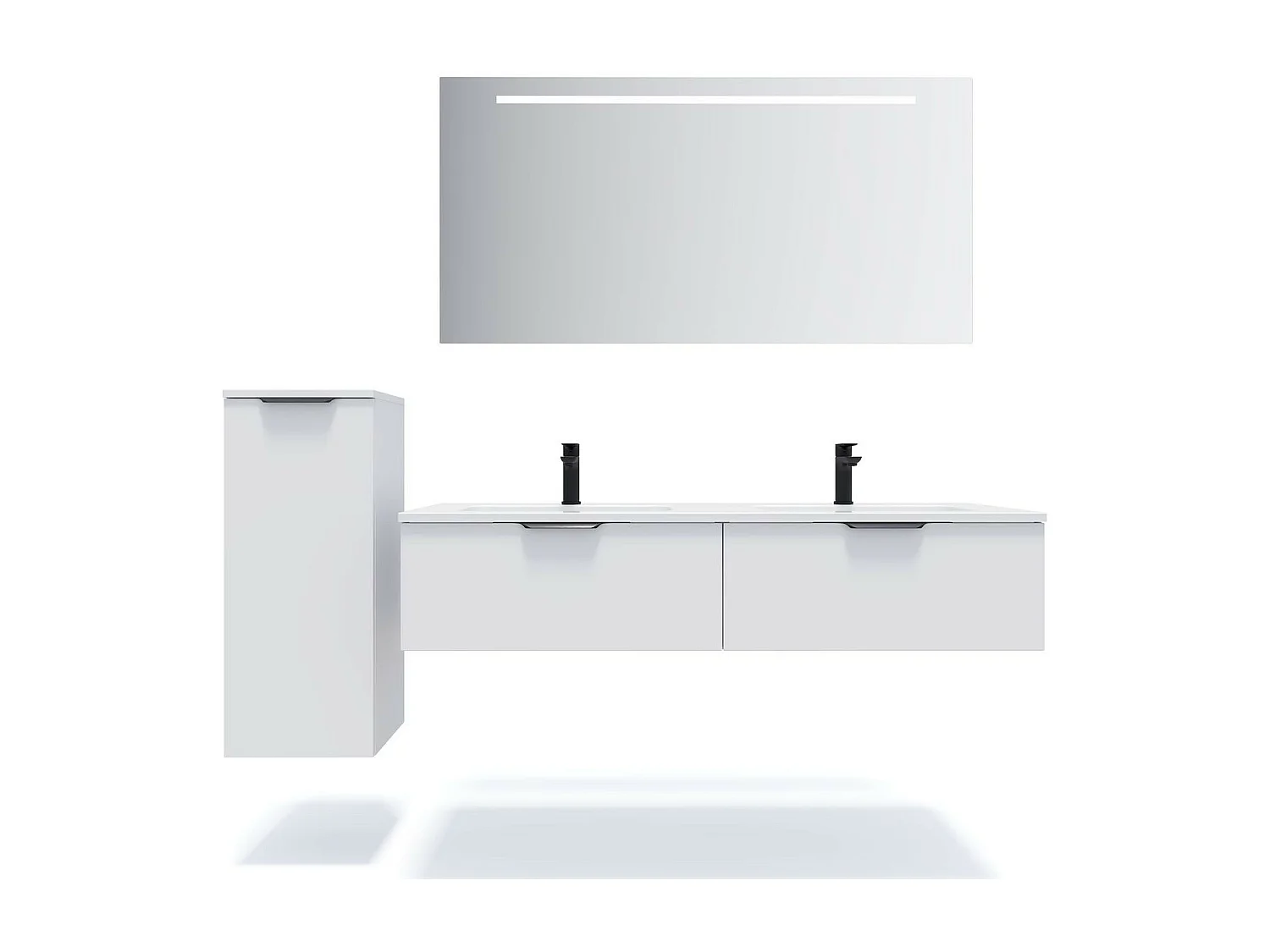 Meuble de salle de bain suspendu double vasque intégrée 140cm 2 tiroirs Blanc + miroir - Soho