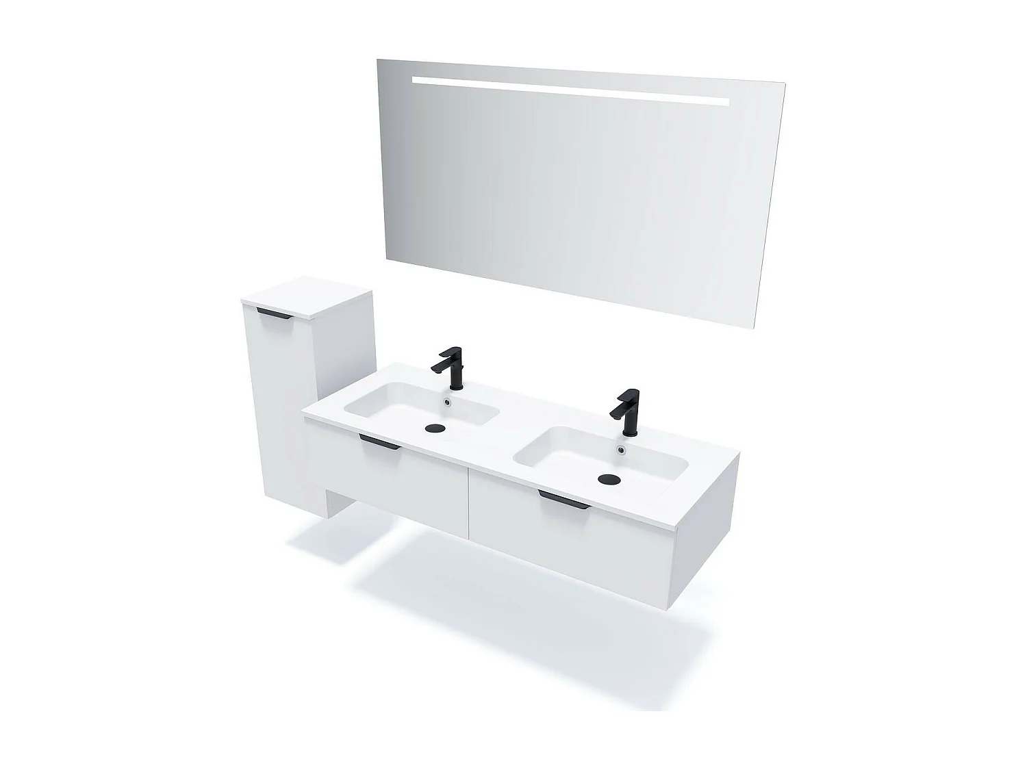 Meuble de salle de bain suspendu double vasque intégrée 140cm 2 tiroirs Blanc + miroir - Soho