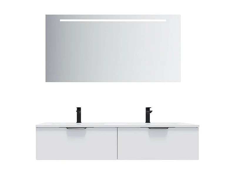 Meuble de salle de bain suspendu double vasque intégrée 140cm 2 tiroirs Blanc + miroir - Soho