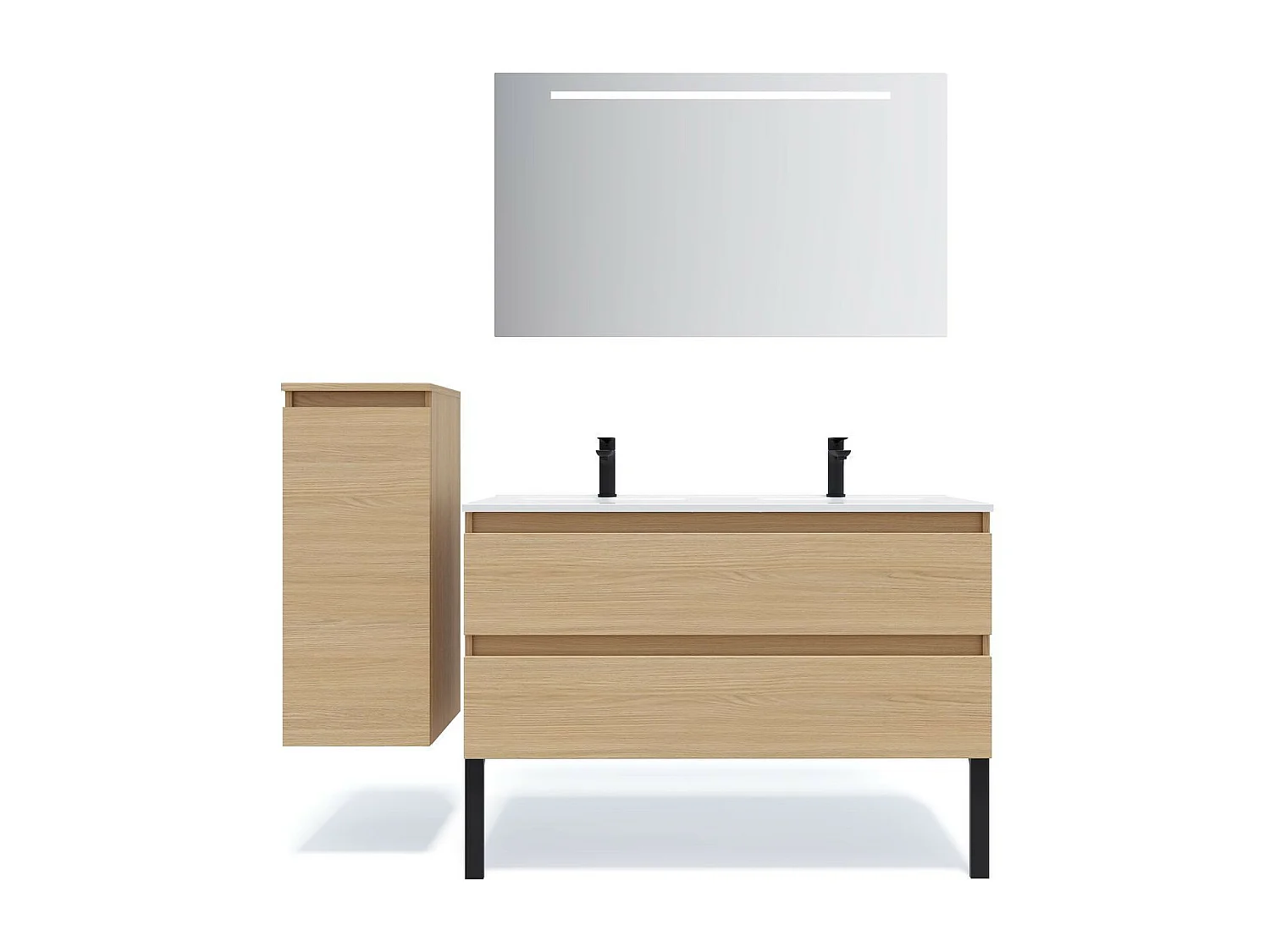 Meuble de salle de bain suspendu double vasque intégrée 120cm 2 tiroirs Chêne clair + miroir - Hudson