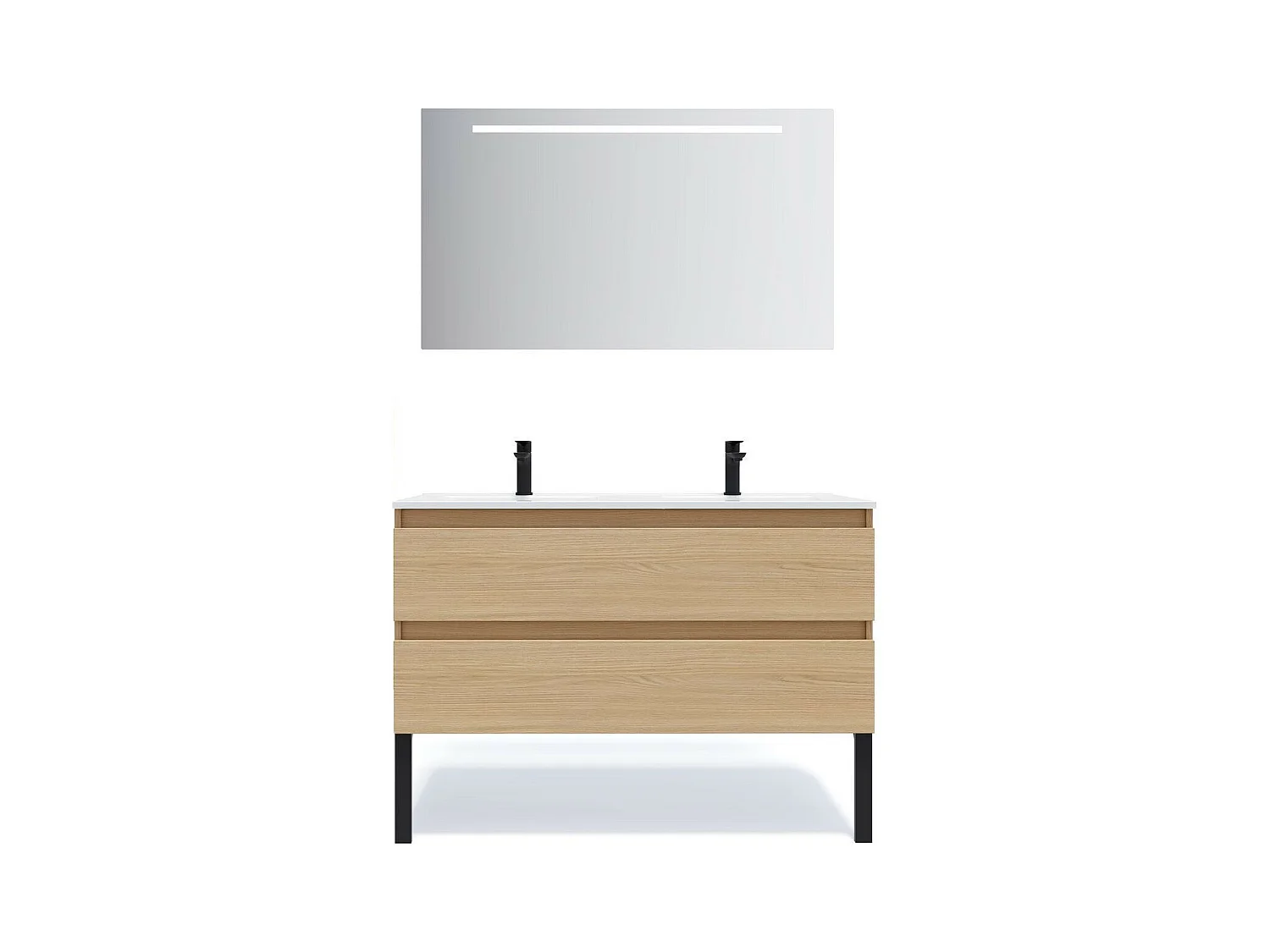 Meuble de salle de bain suspendu double vasque intégrée 120cm 2 tiroirs Chêne clair + miroir - Hudson