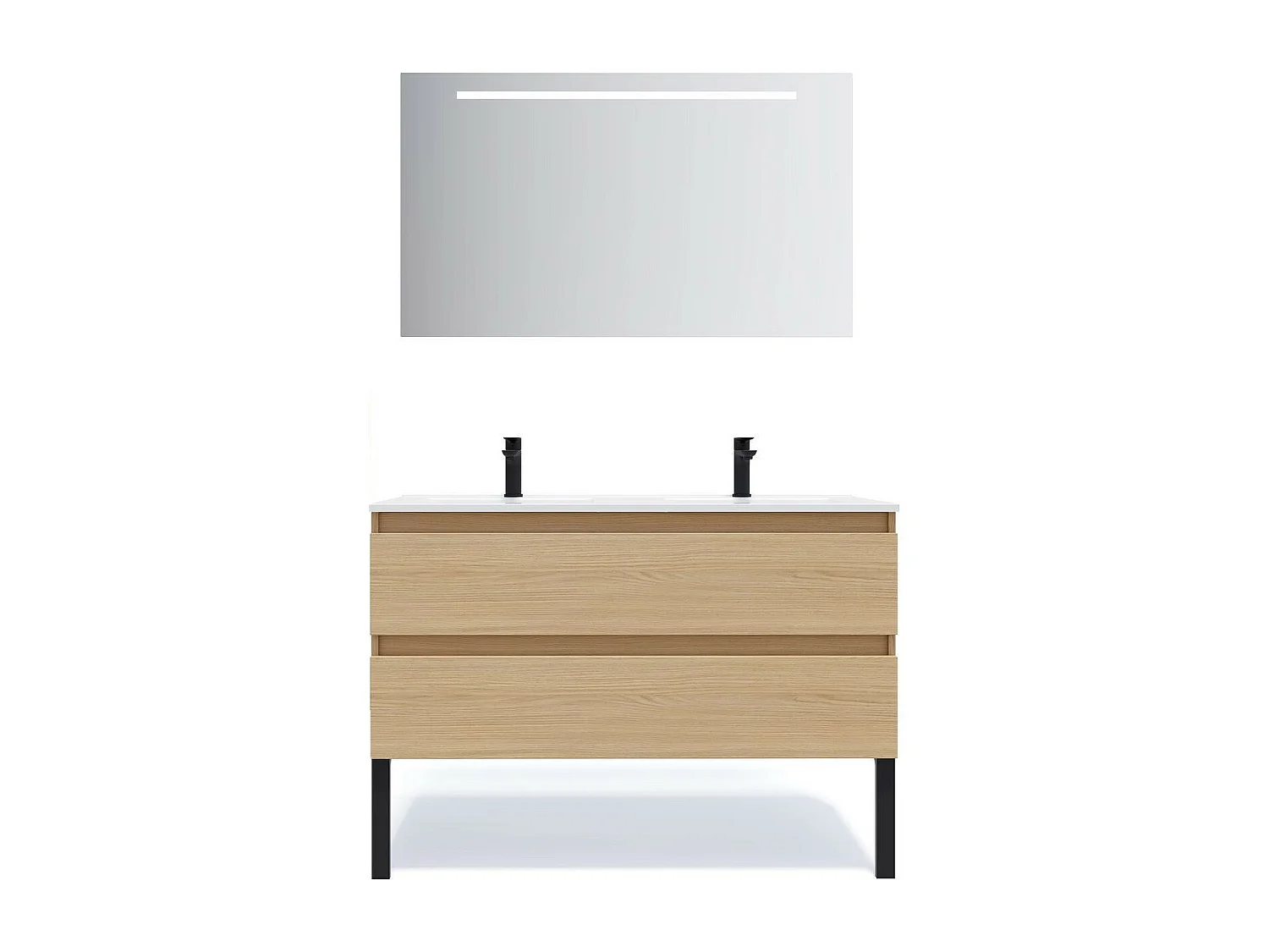 Meuble de salle de bain suspendu double vasque intégrée 120cm 2 tiroirs Chêne clair + miroir - Hudson
