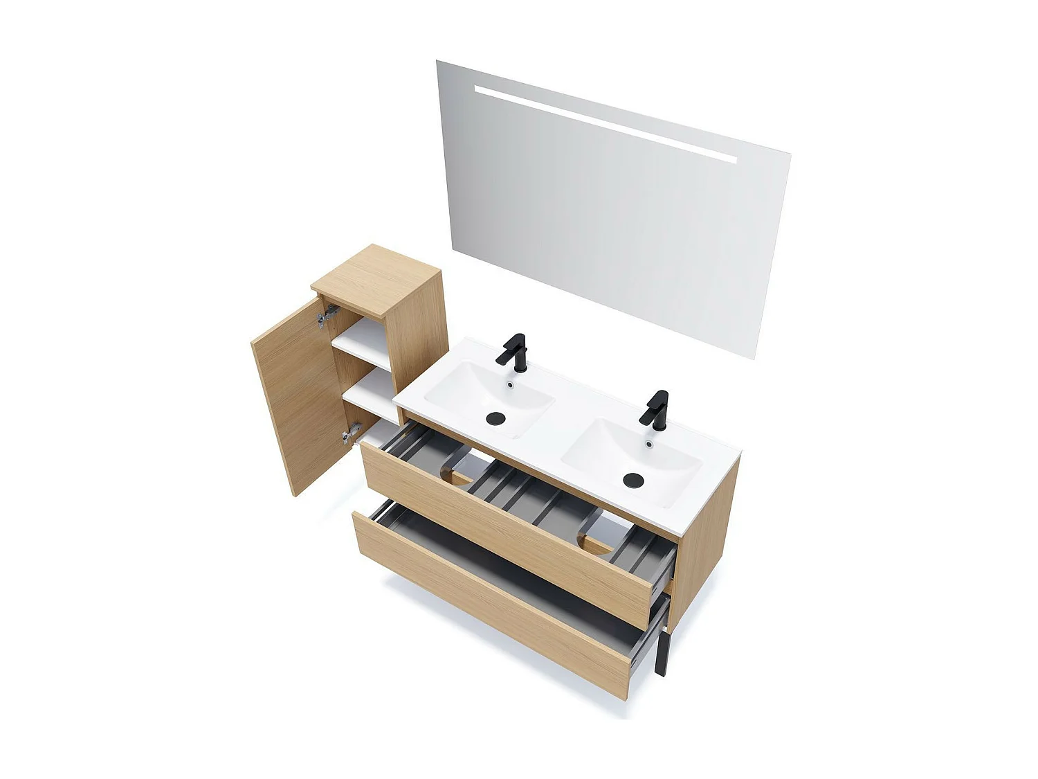 Meuble de salle de bain suspendu double vasque intégrée 120cm 2 tiroirs Chêne clair + miroir - Hudson