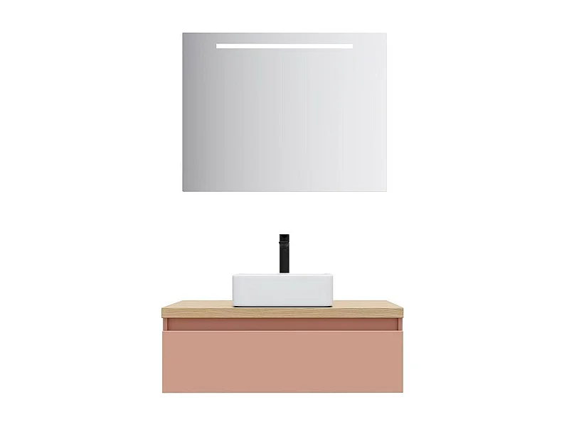 Meuble de salle de bain suspendu vasque à poser 90cm 1 tiroir Abricot + miroir - Hudson