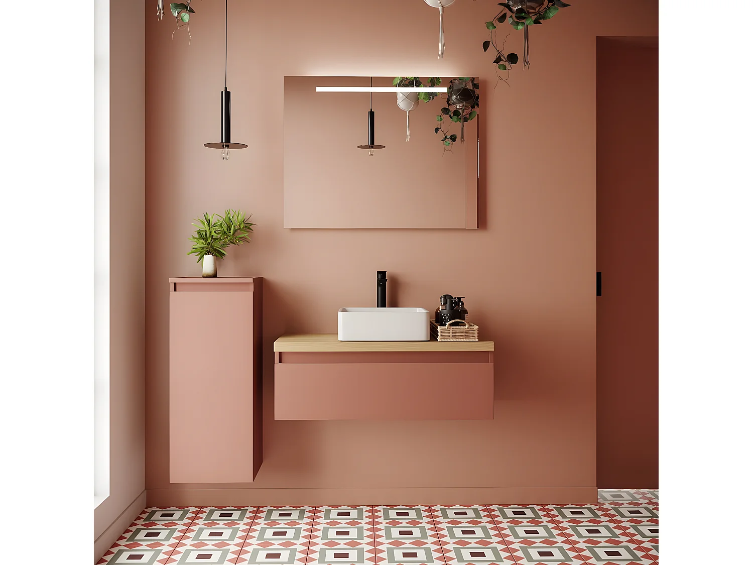 Meuble de salle de bain suspendu vasque à poser 90cm 1 tiroir Abricot + miroir - Hudson