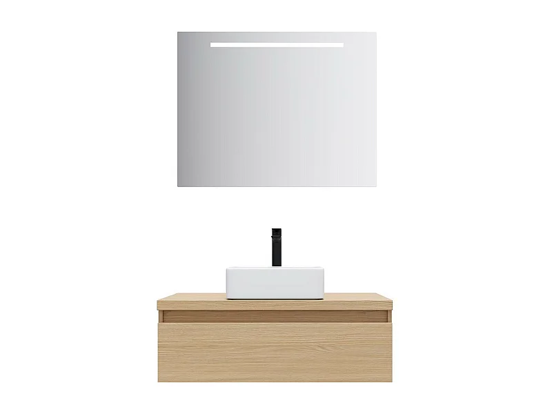 Meuble de salle de bain suspendu vasque à poser 90cm 1 tiroir Chêne clair + miroir - Hudson