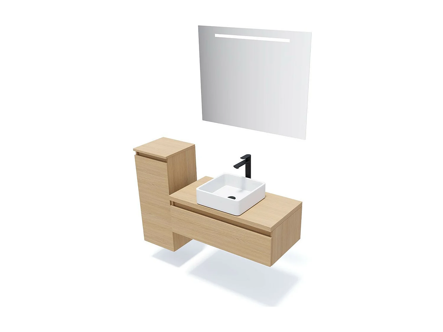 Meuble de salle de bain suspendu vasque à poser 90cm 1 tiroir Chêne clair + miroir - Hudson