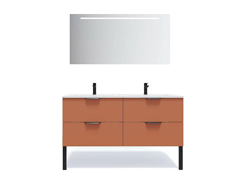 Meuble de salle de bain suspendu double vasque intégrée 140cm 4 tiroirs Terracotta + miroir - Soho