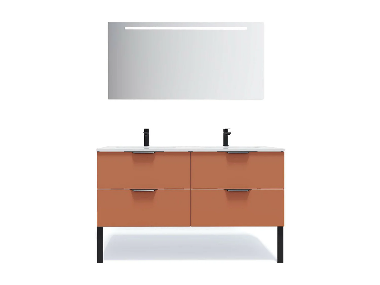 Meuble de salle de bain suspendu double vasque intégrée 140cm 4 tiroirs Terracotta + miroir - Soho