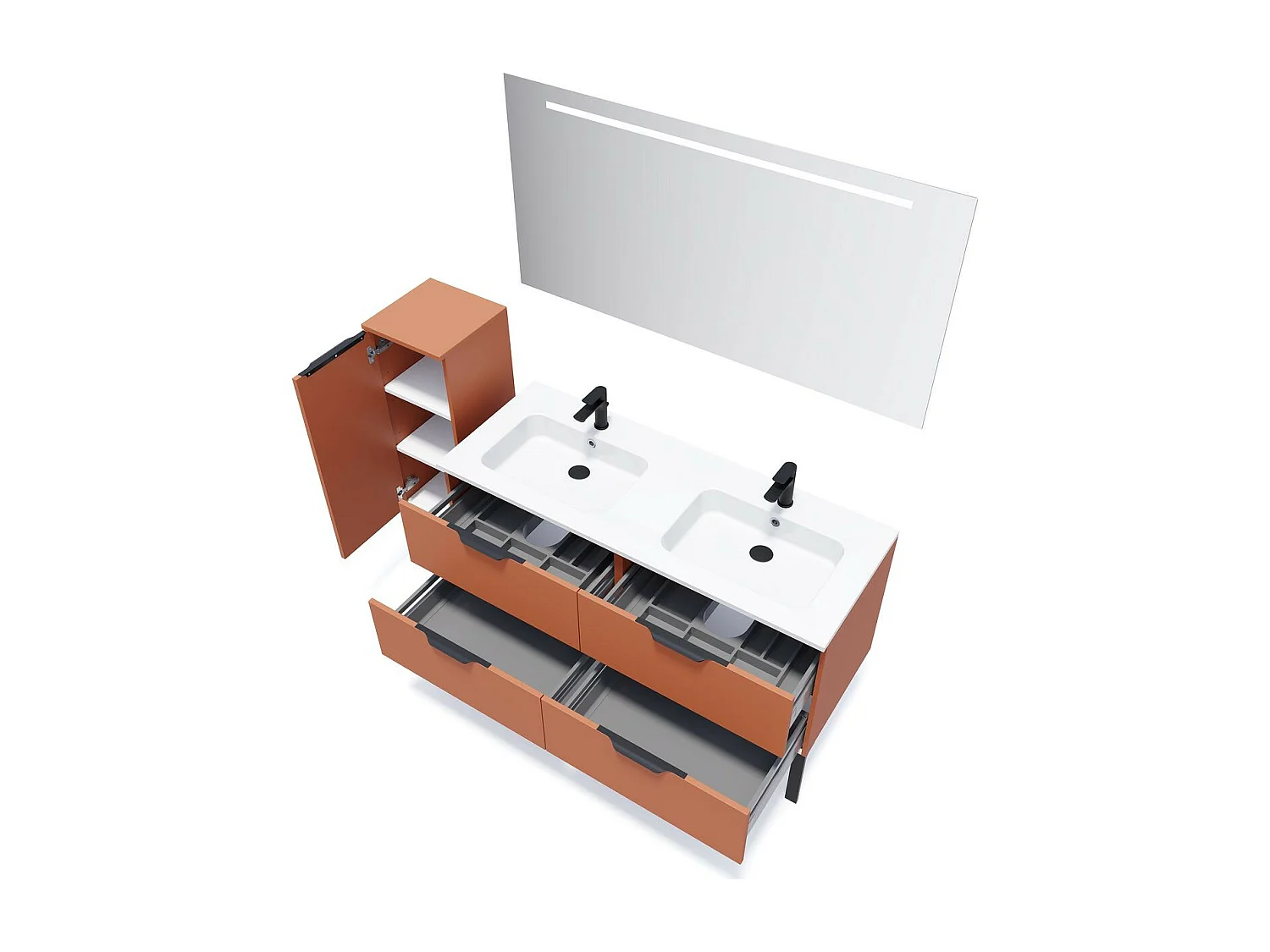 Meuble de salle de bain suspendu double vasque intégrée 140cm 4 tiroirs Terracotta + miroir - Soho