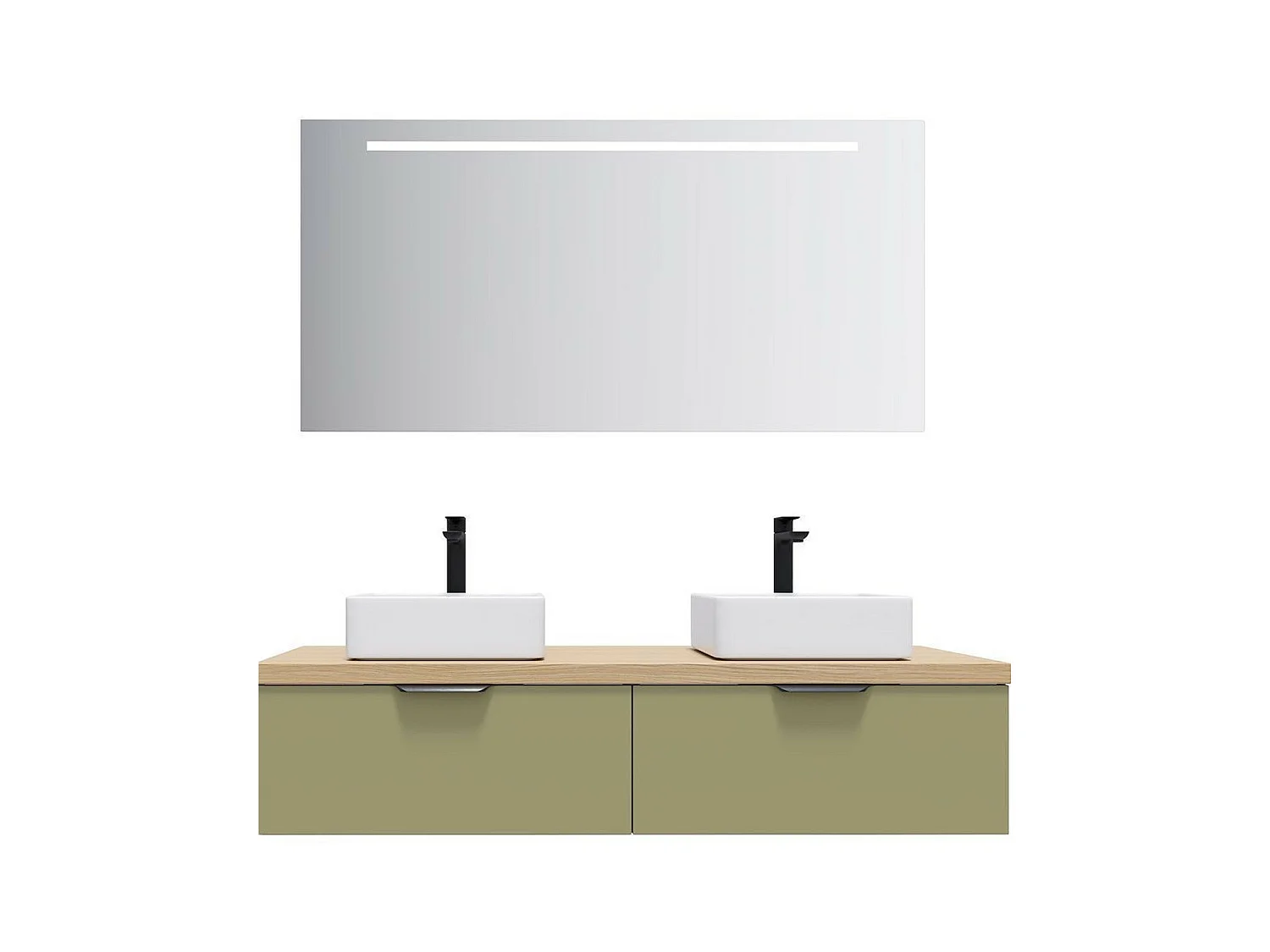Meuble de salle de bain suspendu 2 vasques à poser 140cm 2 tiroirs Vert olive + miroir - Soho