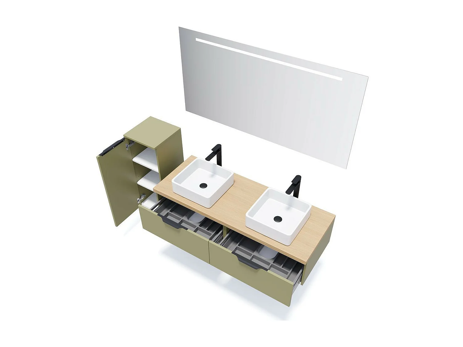 Meuble de salle de bain suspendu 2 vasques à poser 140cm 2 tiroirs Vert olive + miroir - Soho