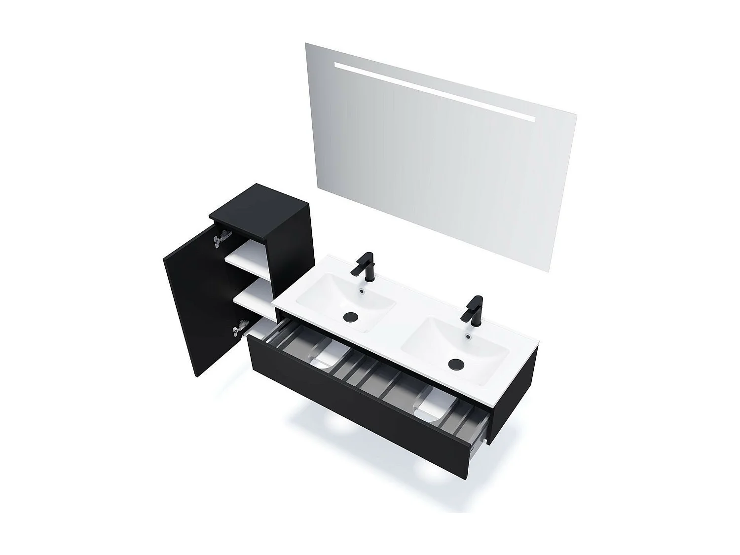 Meuble de salle de bain suspendu double vasque intégrée 120cm 1 tiroir Noir + miroir - Hudson