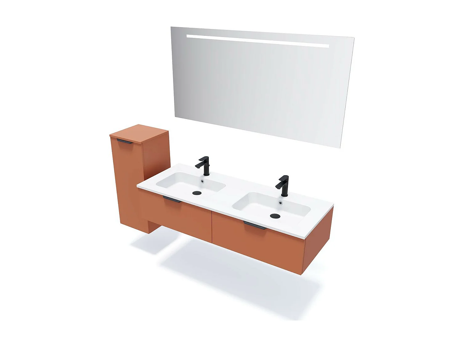 Meuble de salle de bain suspendu double vasque intégrée 140cm 2 tiroirs Terracotta + miroir - Soho