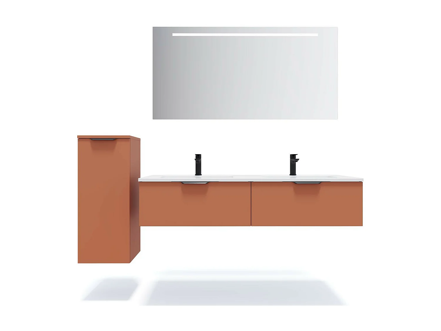 Meuble de salle de bain suspendu double vasque intégrée 140cm 2 tiroirs Terracotta + miroir - Soho