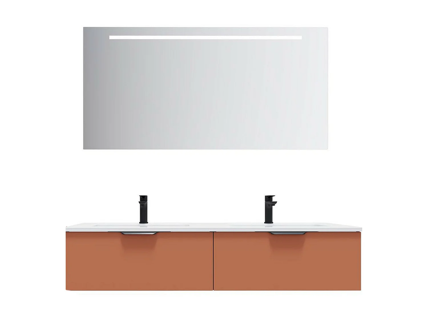 Meuble de salle de bain suspendu double vasque intégrée 140cm 2 tiroirs Terracotta + miroir - Soho