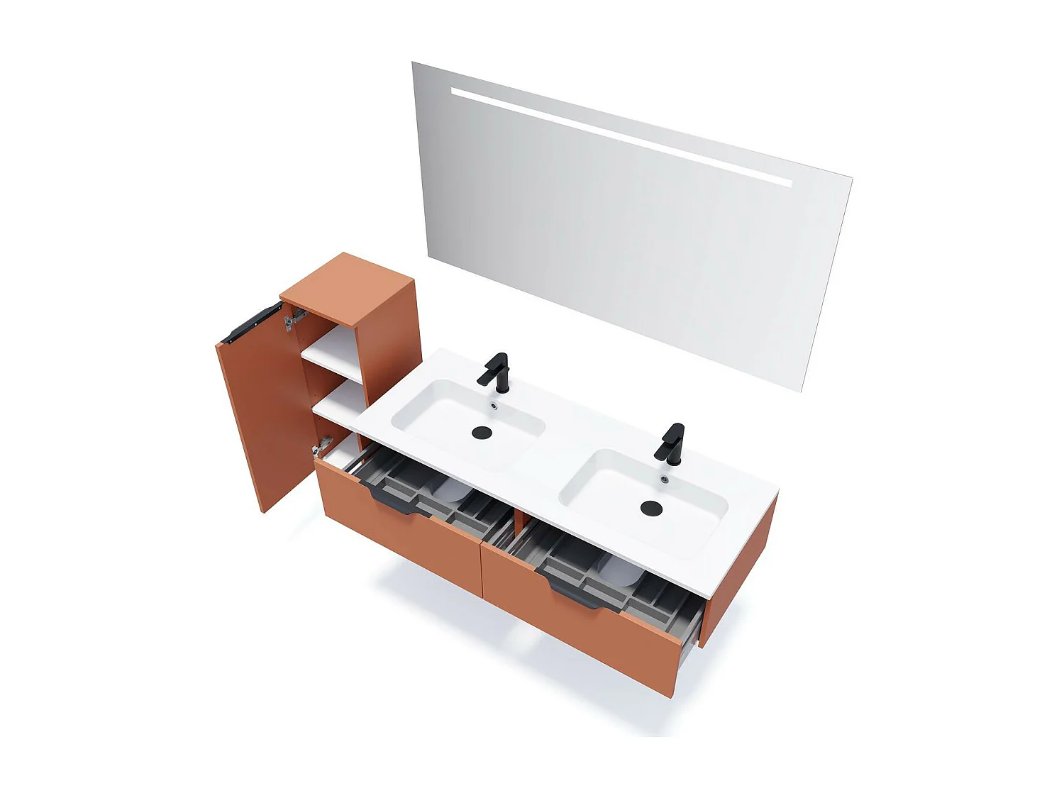 Meuble de salle de bain suspendu double vasque intégrée 140cm 2 tiroirs Terracotta + miroir - Soho