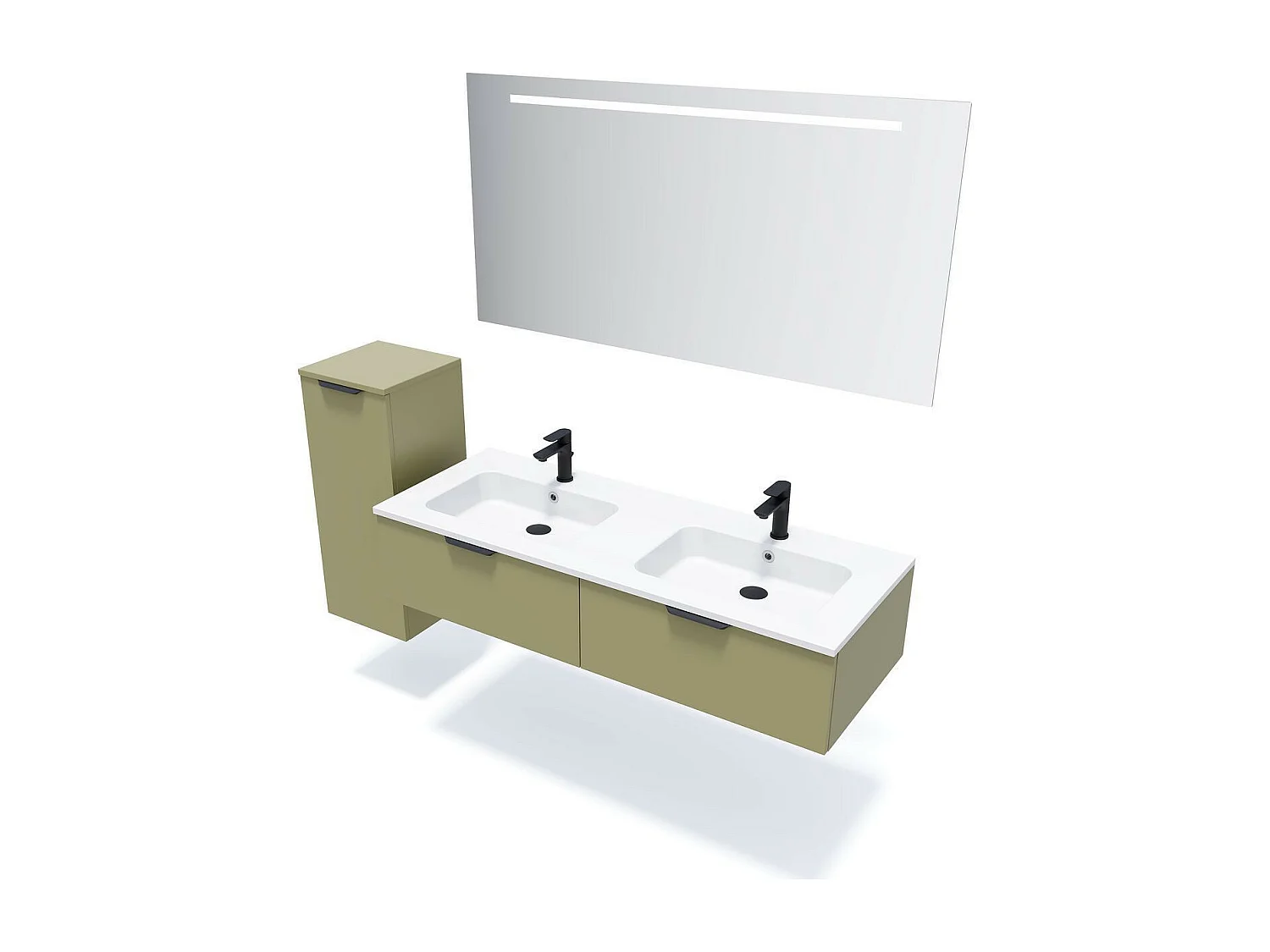 Meuble de salle de bain suspendu double vasque intégrée 140cm 2 tiroirs Vert olive + miroir - Soho