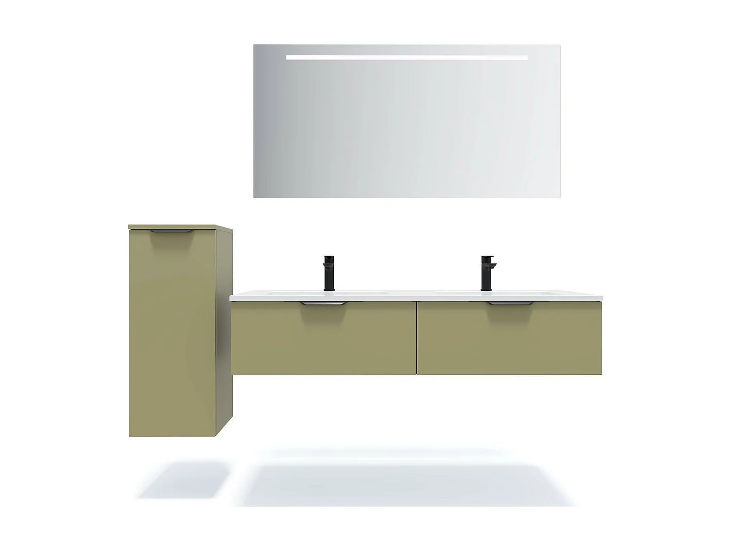 Meuble de salle de bain suspendu double vasque intégrée 140cm 2 tiroirs Vert olive + miroir - Soho