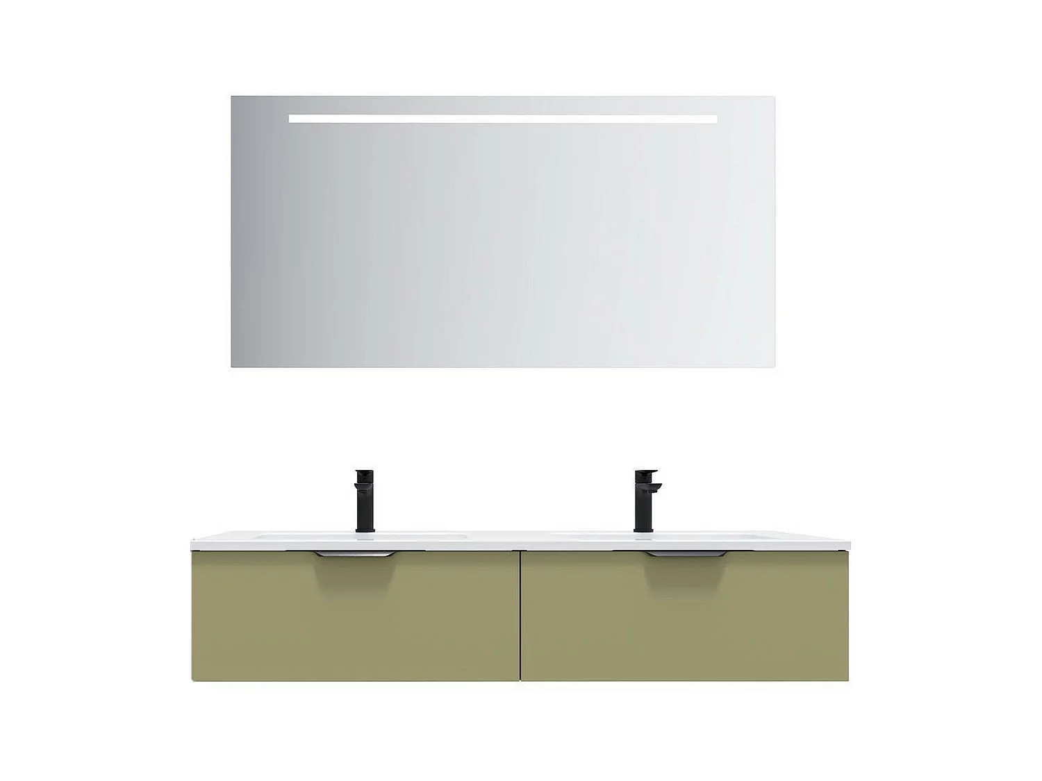 Meuble de salle de bain suspendu double vasque intégrée 140cm 2 tiroirs Vert olive + miroir - Soho