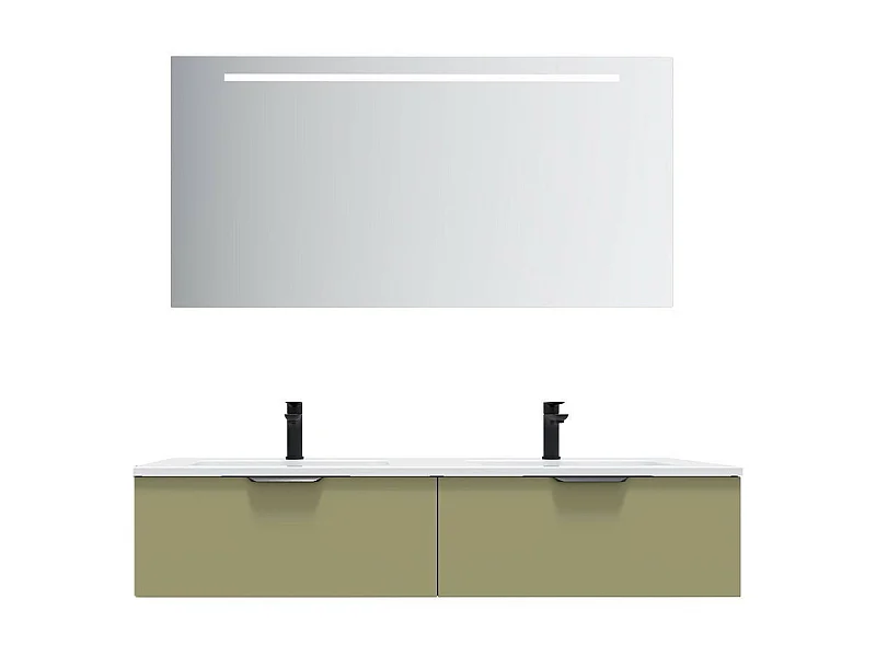 Meuble de salle de bain suspendu double vasque intégrée 140cm 2 tiroirs Vert olive + miroir - Soho