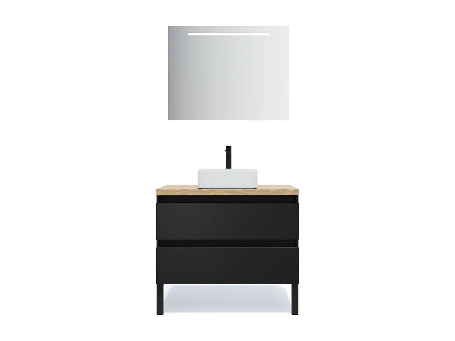 Meuble de salle de bain suspendu vasque à poser 90cm 2 tiroirs Noir + miroir - Hudson