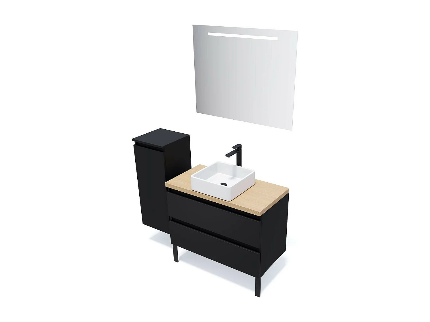 Meuble de salle de bain suspendu vasque à poser 90cm 2 tiroirs Noir + miroir - Hudson