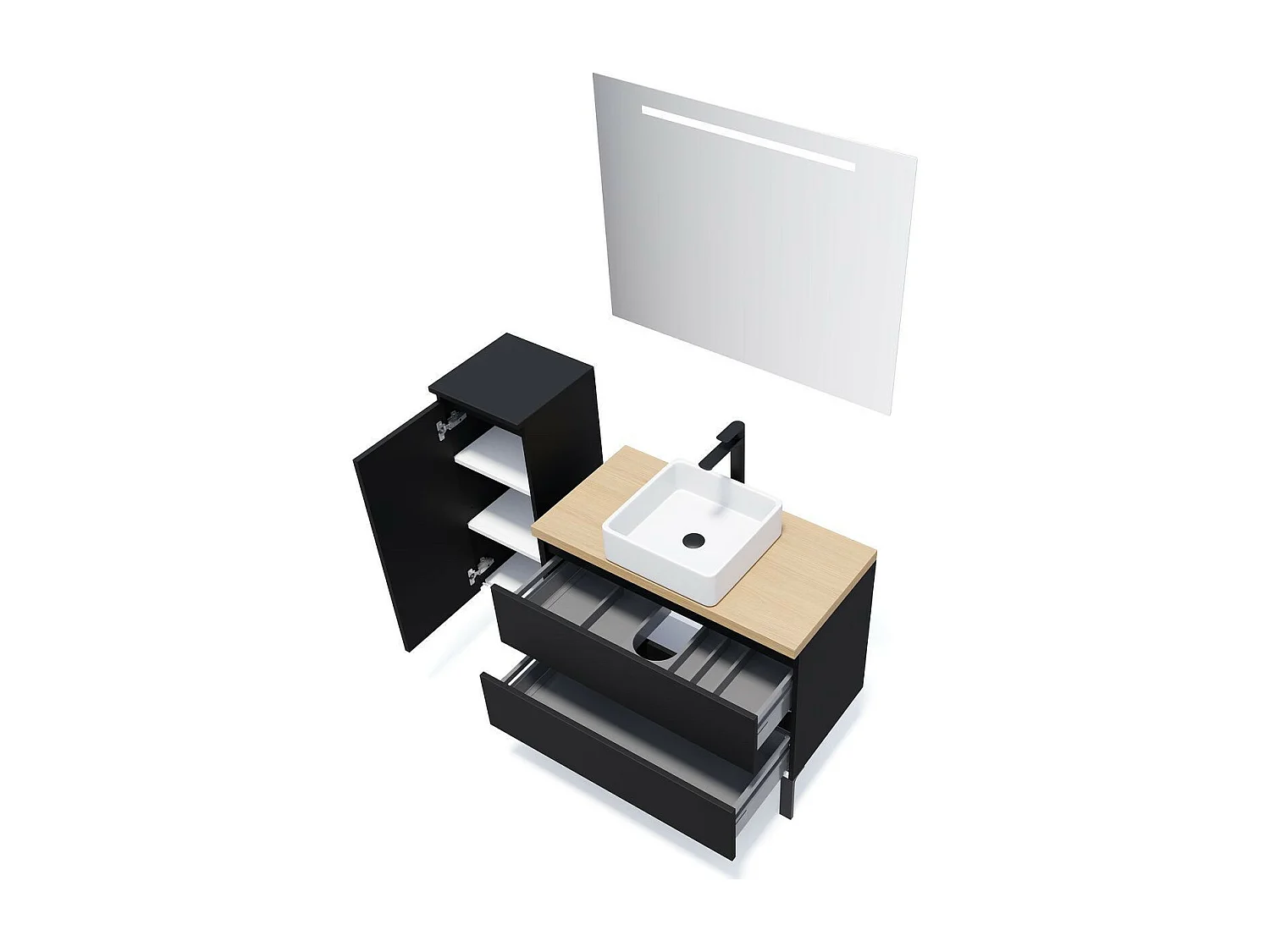 Meuble de salle de bain suspendu vasque à poser 90cm 2 tiroirs Noir + miroir - Hudson