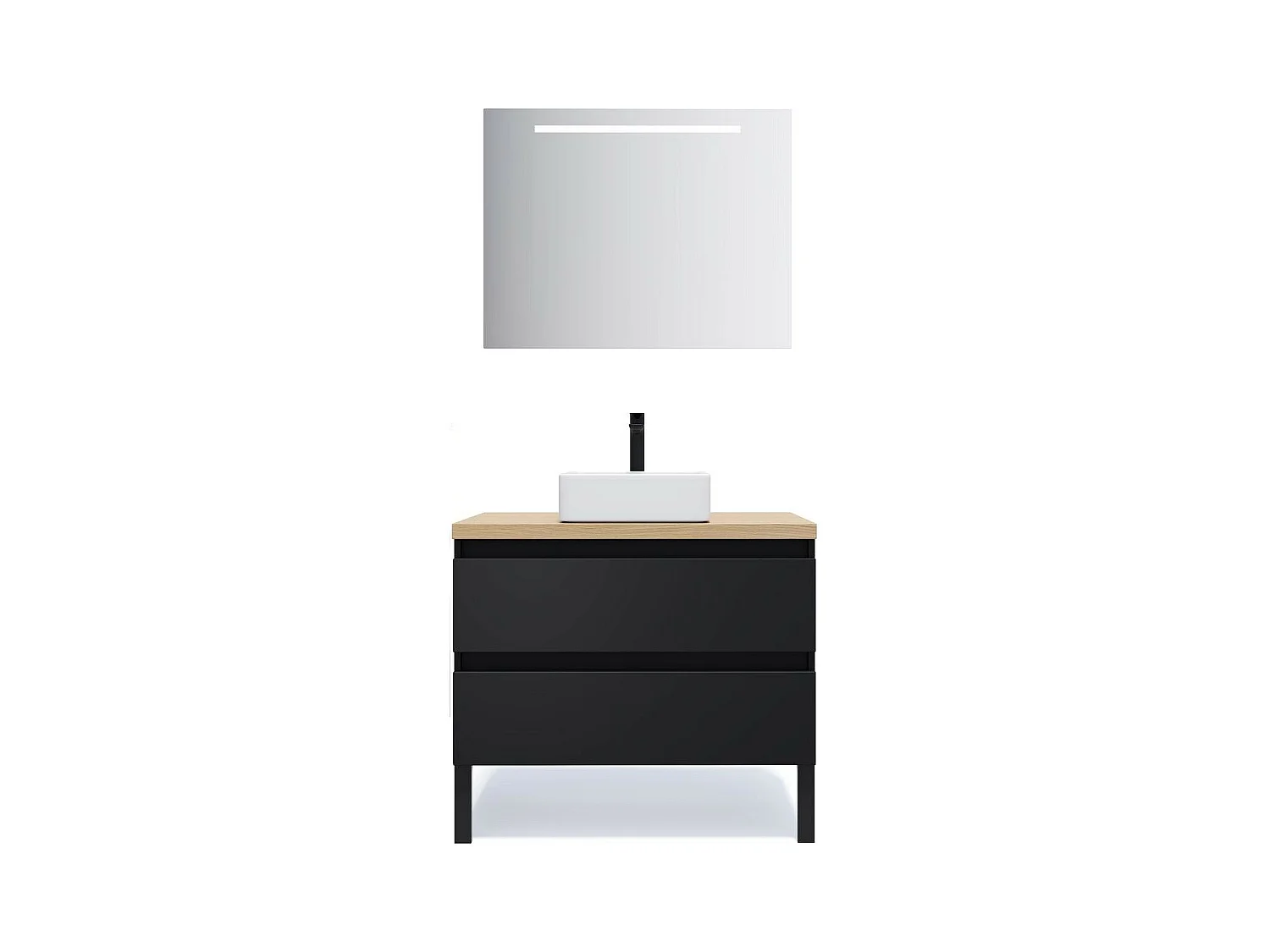 Meuble de salle de bain suspendu vasque à poser 90cm 2 tiroirs Noir + miroir - Hudson