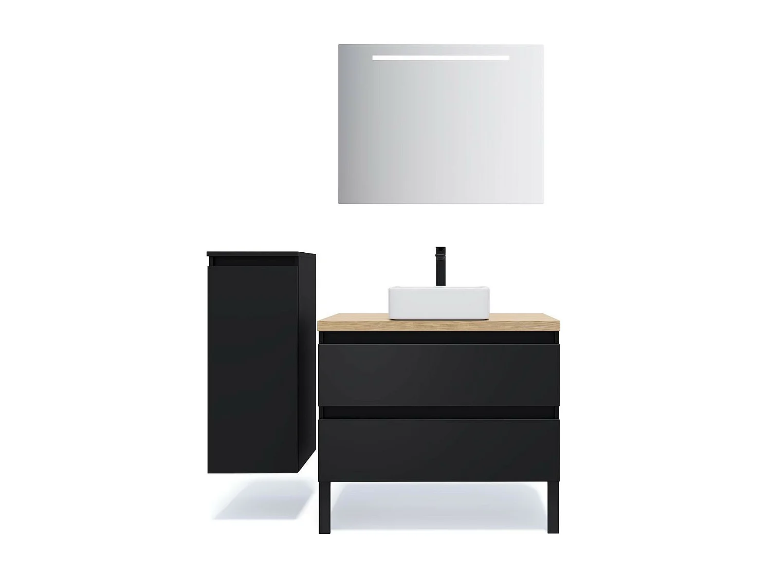 Meuble de salle de bain suspendu vasque à poser 90cm 2 tiroirs Noir + miroir - Hudson