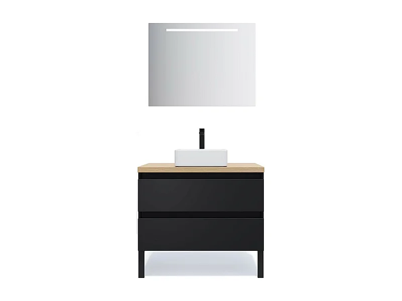 Meuble de salle de bain suspendu vasque à poser 90cm 2 tiroirs Noir + miroir - Hudson