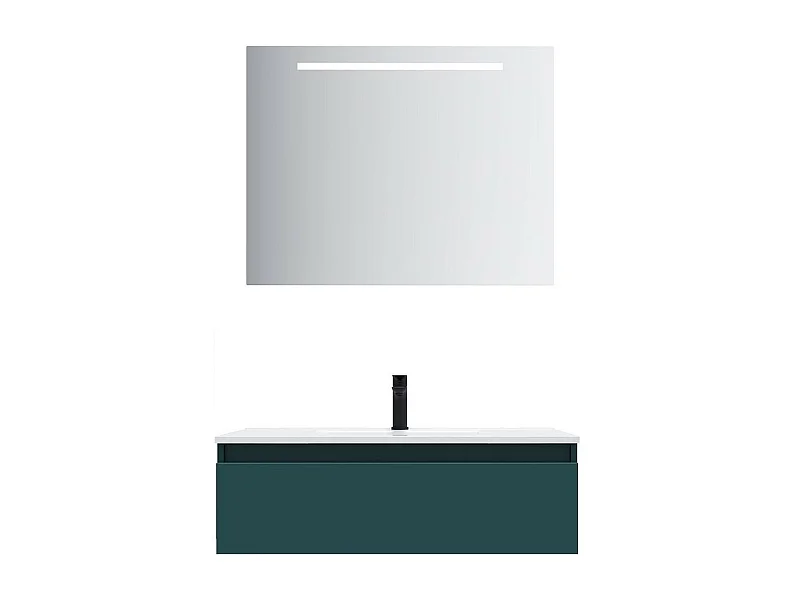 Meuble de salle de bain suspendu vasque intégrée 90cm 1 tiroir Bleu + miroir - Hudson