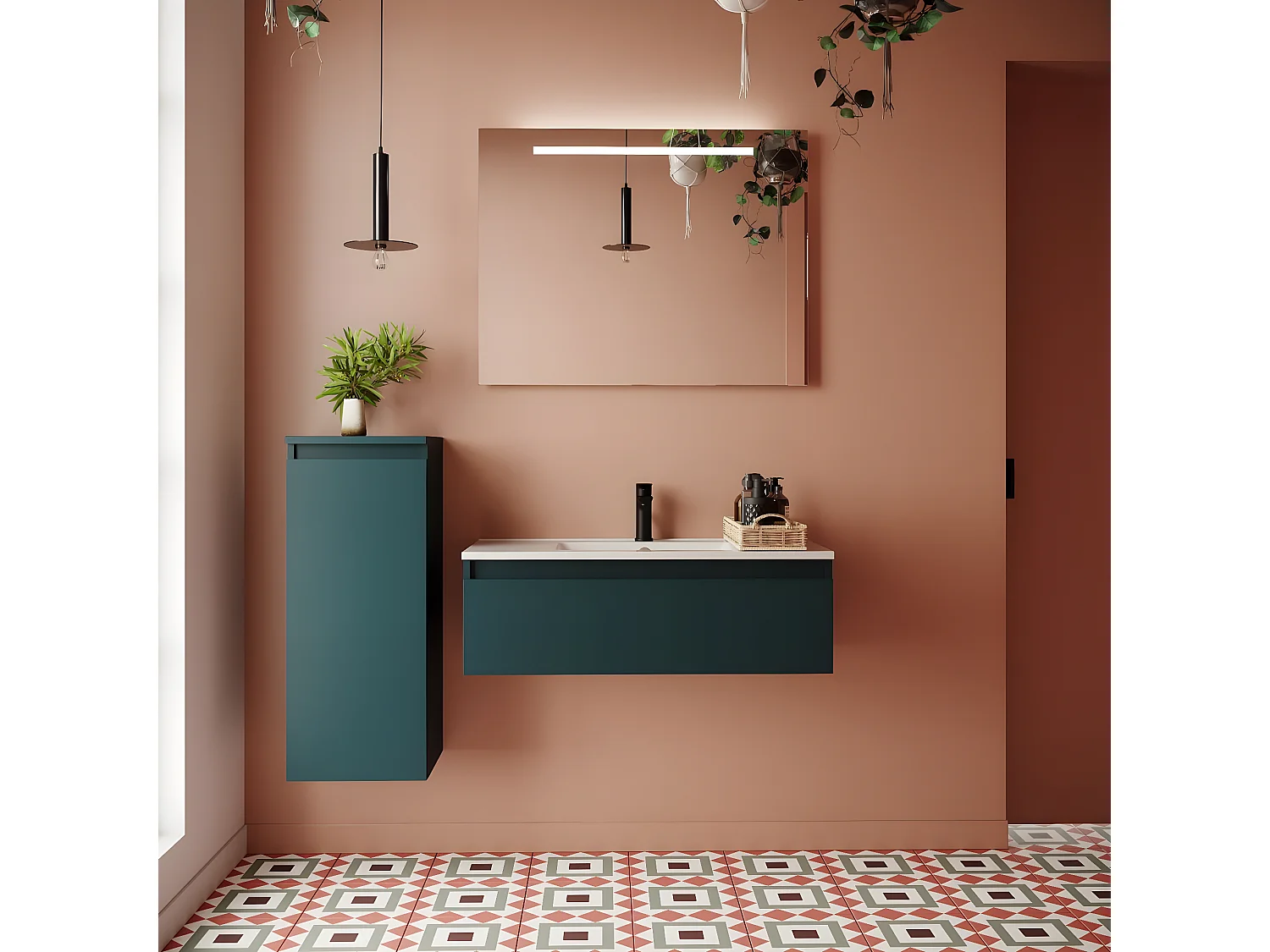 Meuble de salle de bain suspendu vasque intégrée 90cm 1 tiroir Bleu + miroir - Hudson