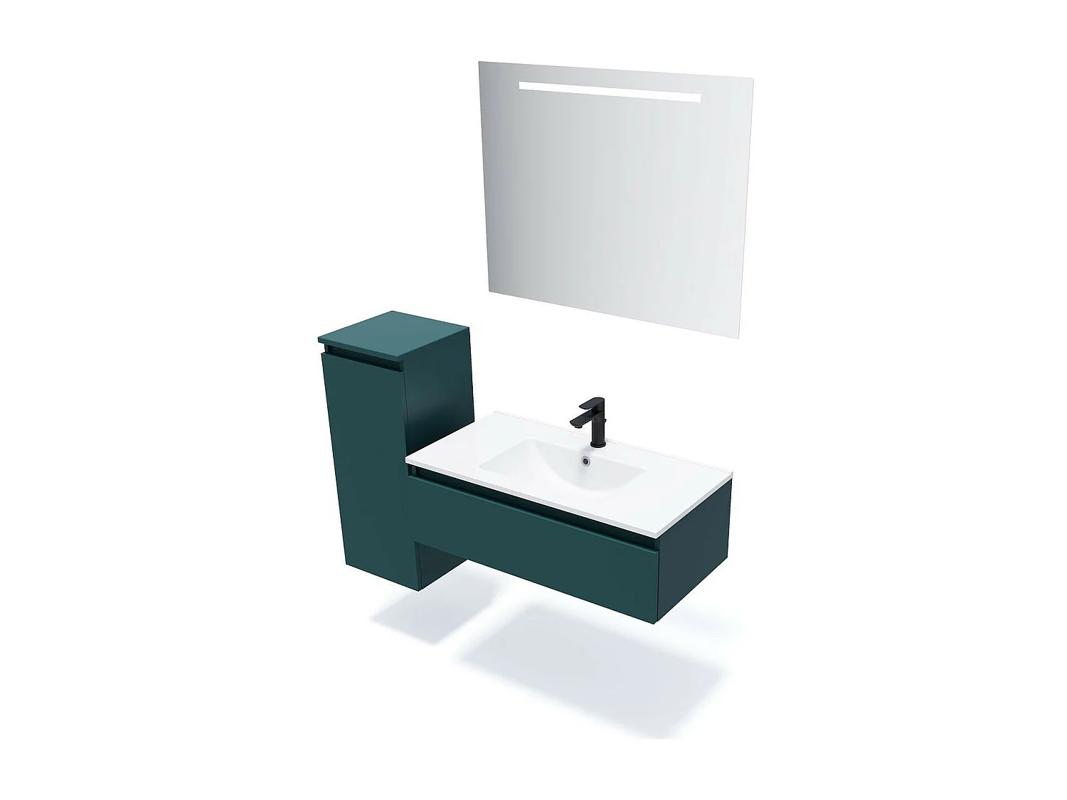 Meuble de salle de bain suspendu vasque intégrée 90cm 1 tiroir Bleu + miroir - Hudson