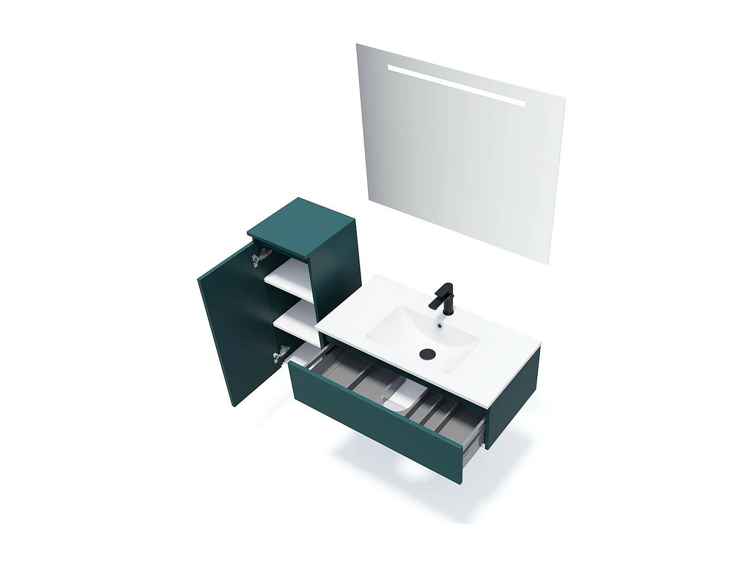 Meuble de salle de bain suspendu vasque intégrée 90cm 1 tiroir Bleu + miroir - Hudson