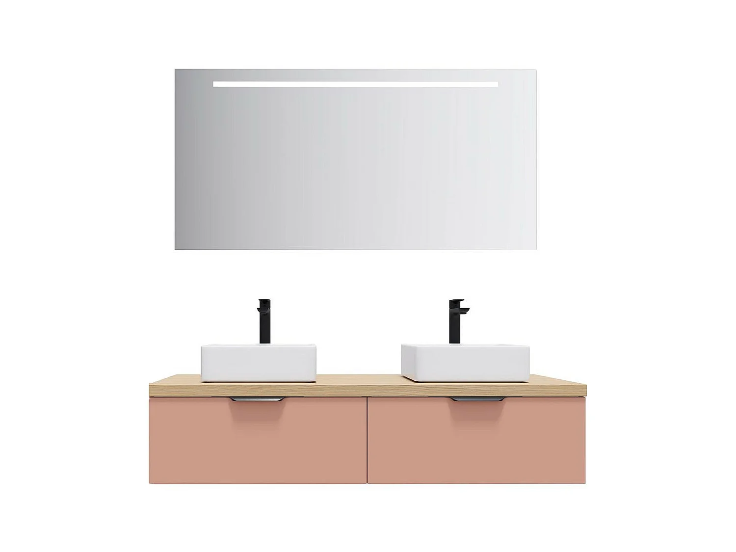 Meuble de salle de bain suspendu 2 vasques à poser 140cm 2 tiroirs Abricot + miroir - Soho