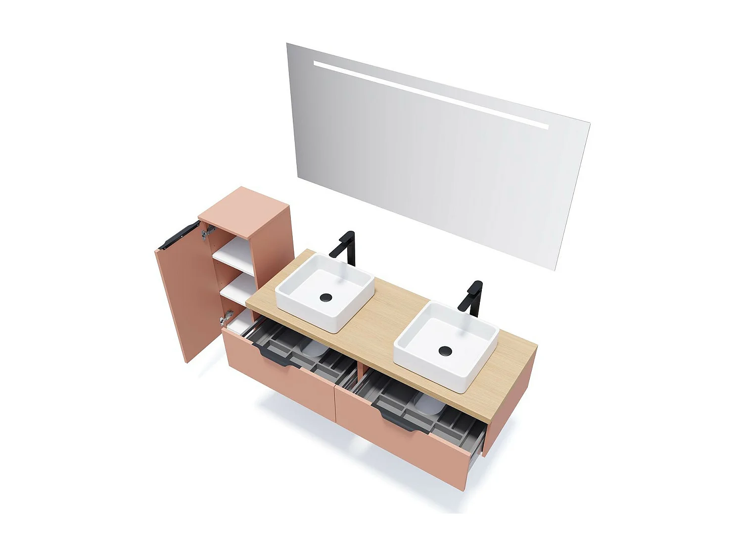 Meuble de salle de bain suspendu 2 vasques à poser 140cm 2 tiroirs Abricot + miroir - Soho