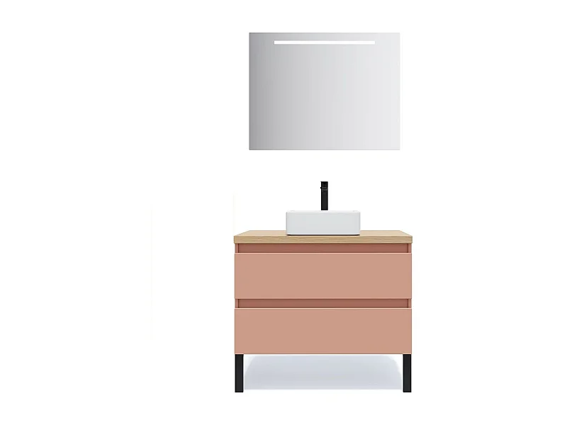 Meuble de salle de bain suspendu vasque à poser 90cm 2 tiroirs Abricot + miroir - Hudson