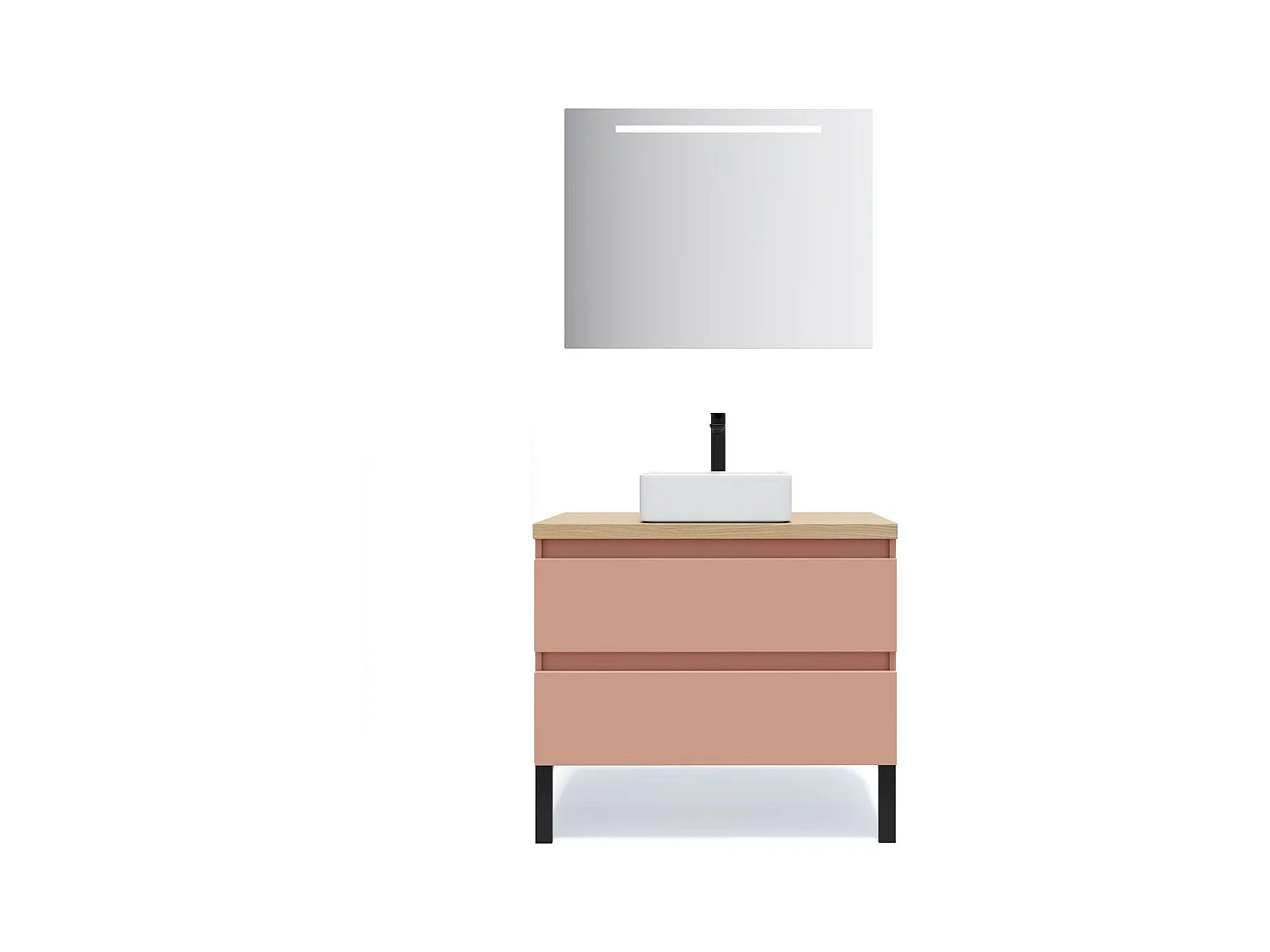 Meuble de salle de bain suspendu vasque à poser 90cm 2 tiroirs Abricot + miroir - Hudson
