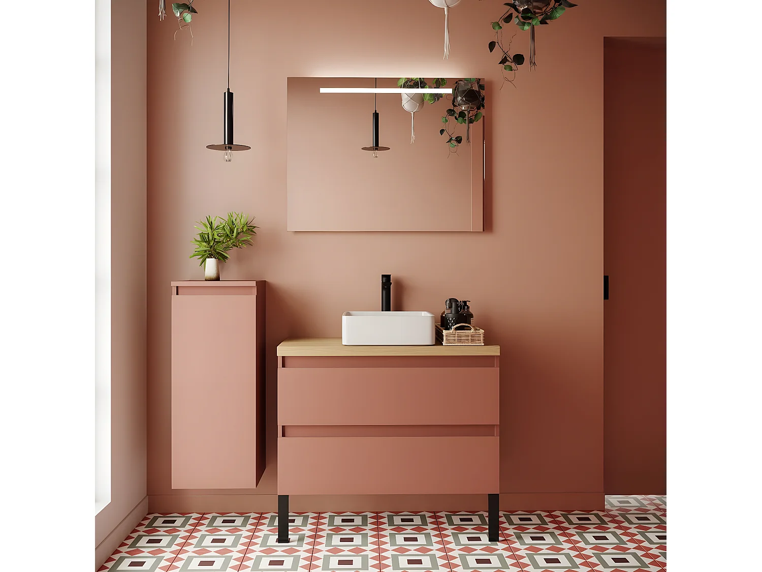 Meuble de salle de bain suspendu vasque à poser 90cm 2 tiroirs Abricot + miroir - Hudson