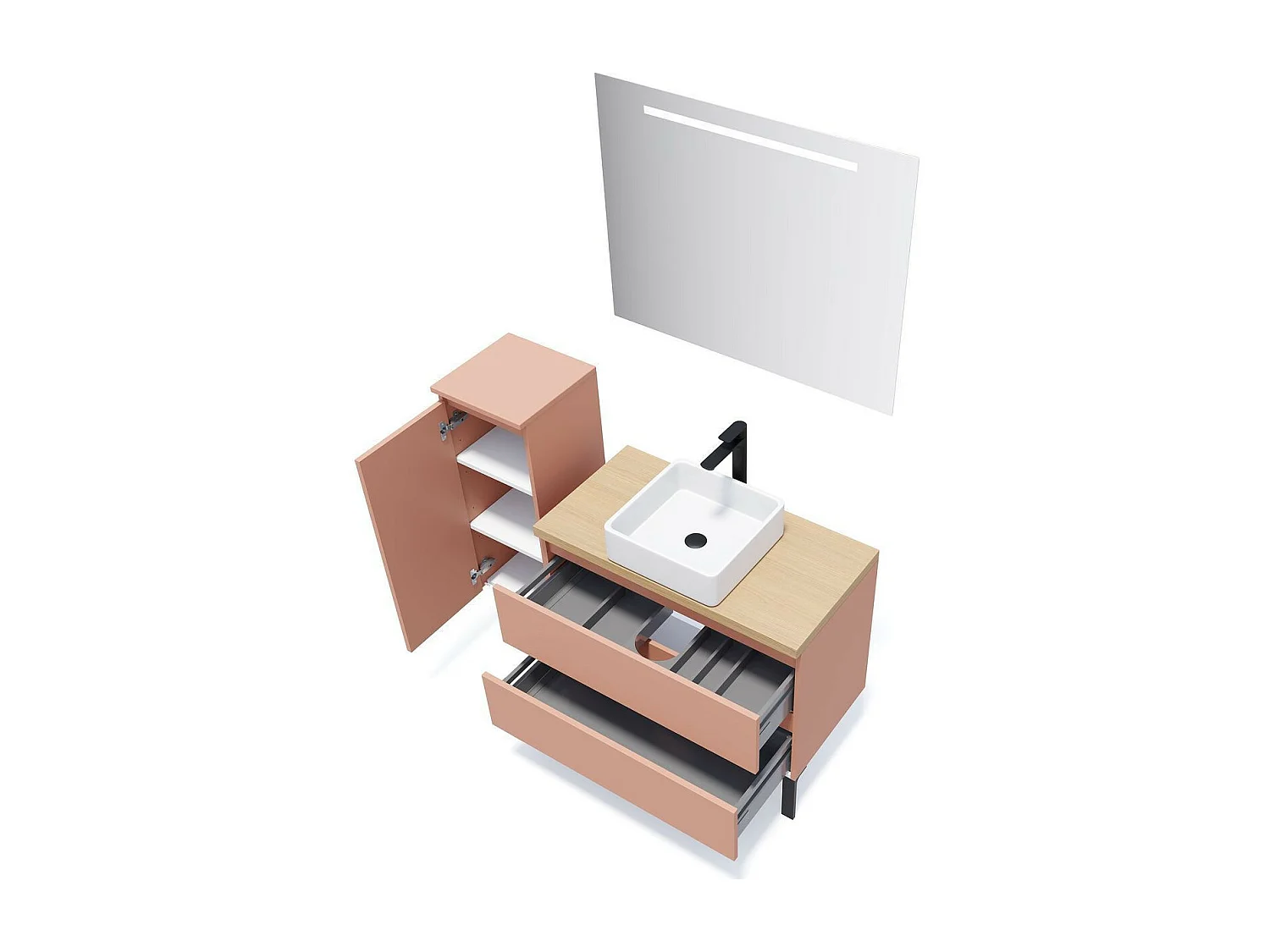 Meuble de salle de bain suspendu vasque à poser 90cm 2 tiroirs Abricot + miroir - Hudson