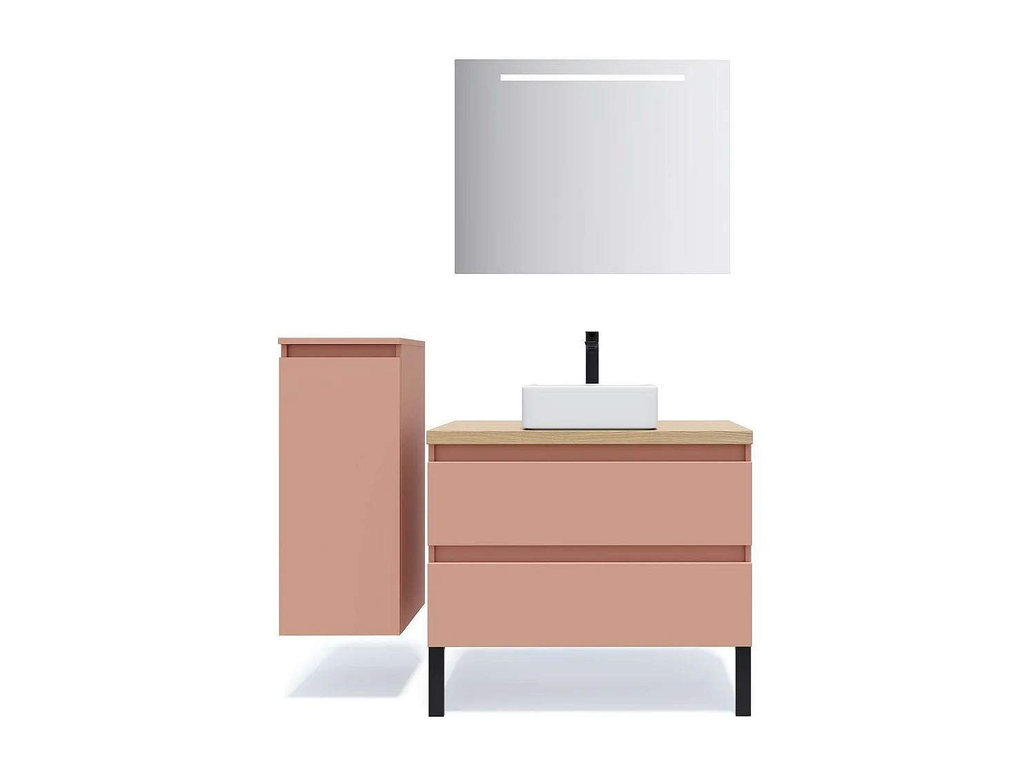 Meuble de salle de bain suspendu vasque à poser 90cm 2 tiroirs Abricot + miroir - Hudson