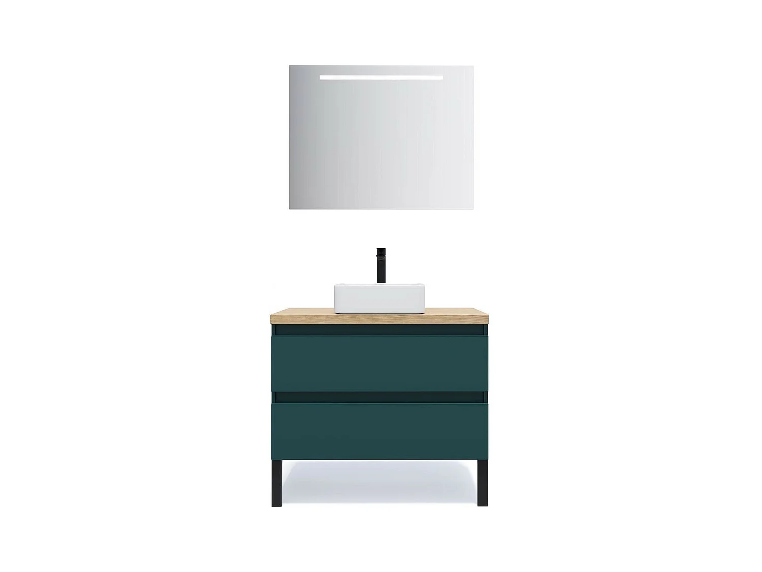 Meuble de salle de bain suspendu vasque à poser 90cm 2 tiroirs Bleu + miroir - Hudson