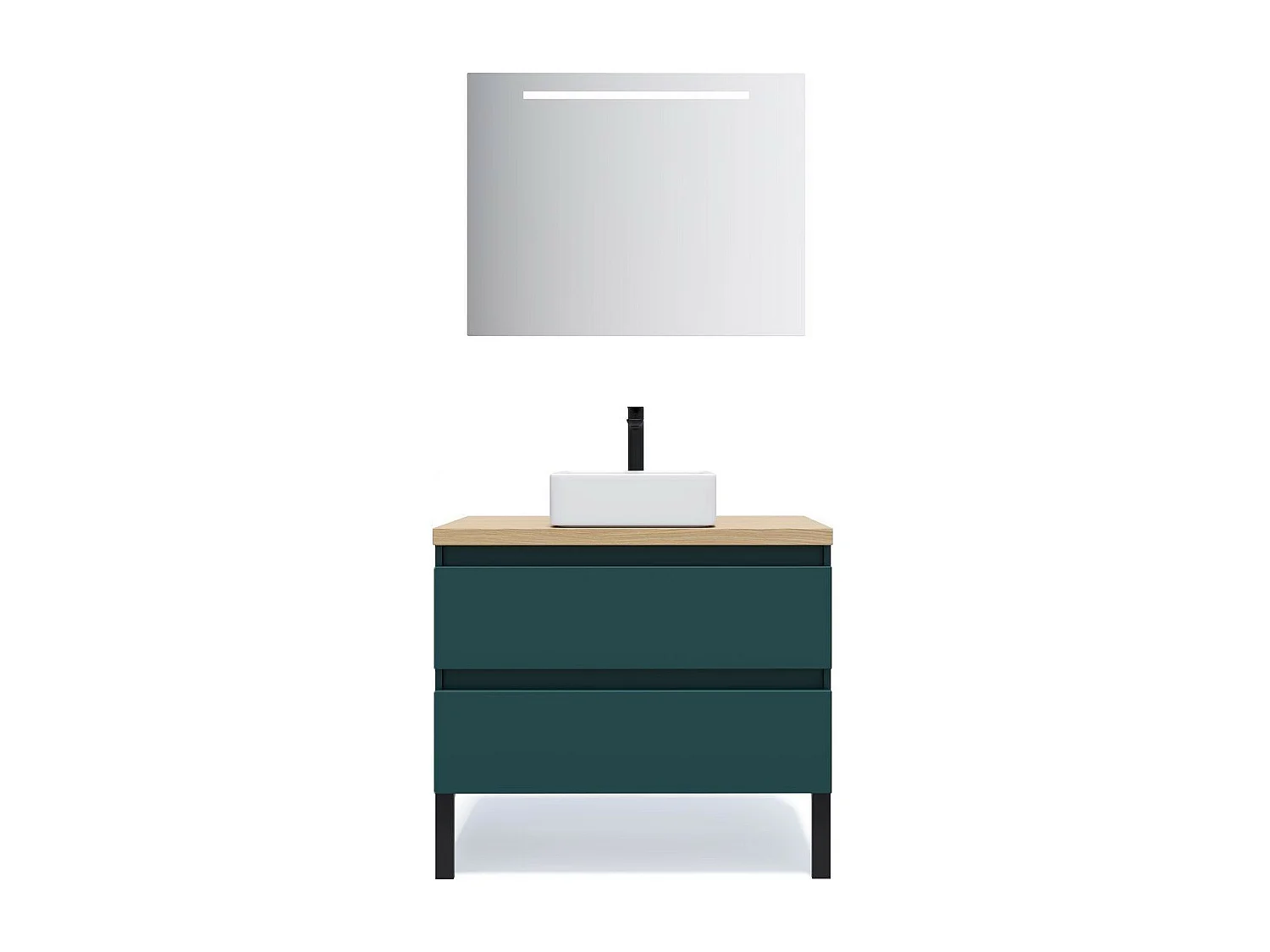 Meuble de salle de bain suspendu vasque à poser 90cm 2 tiroirs Bleu + miroir - Hudson