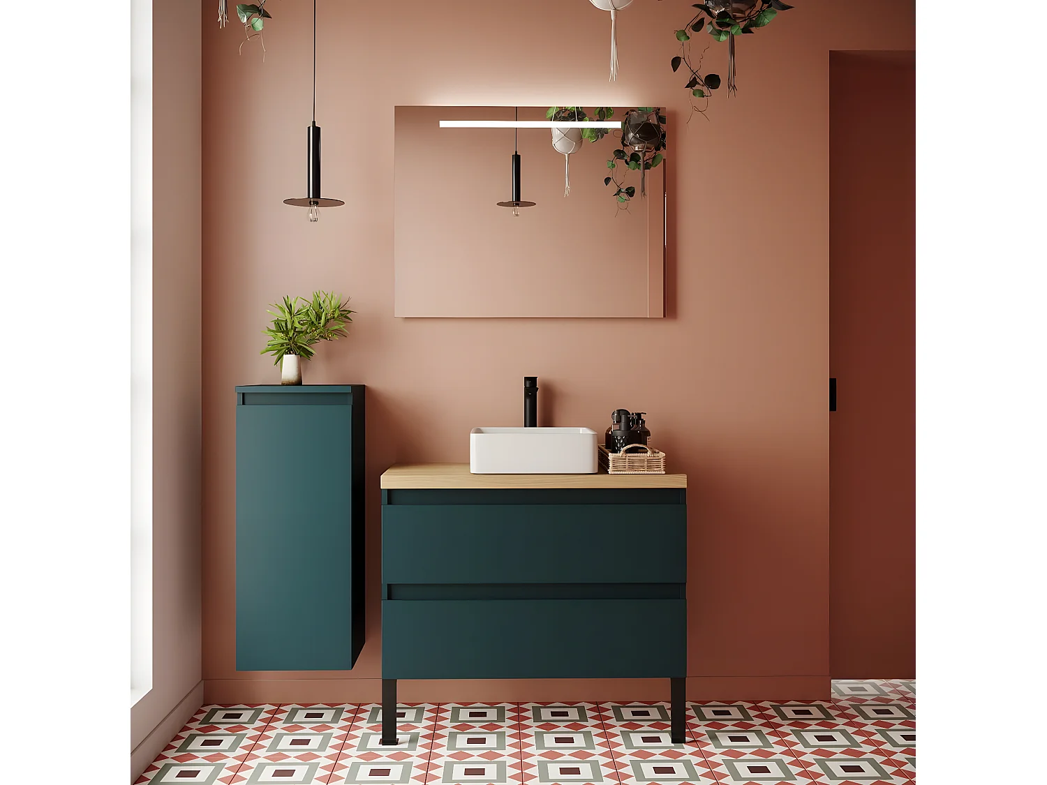 Meuble de salle de bain suspendu vasque à poser 90cm 2 tiroirs Bleu + miroir - Hudson