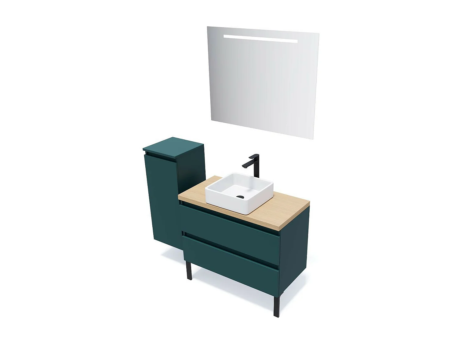 Meuble de salle de bain suspendu vasque à poser 90cm 2 tiroirs Bleu + miroir - Hudson