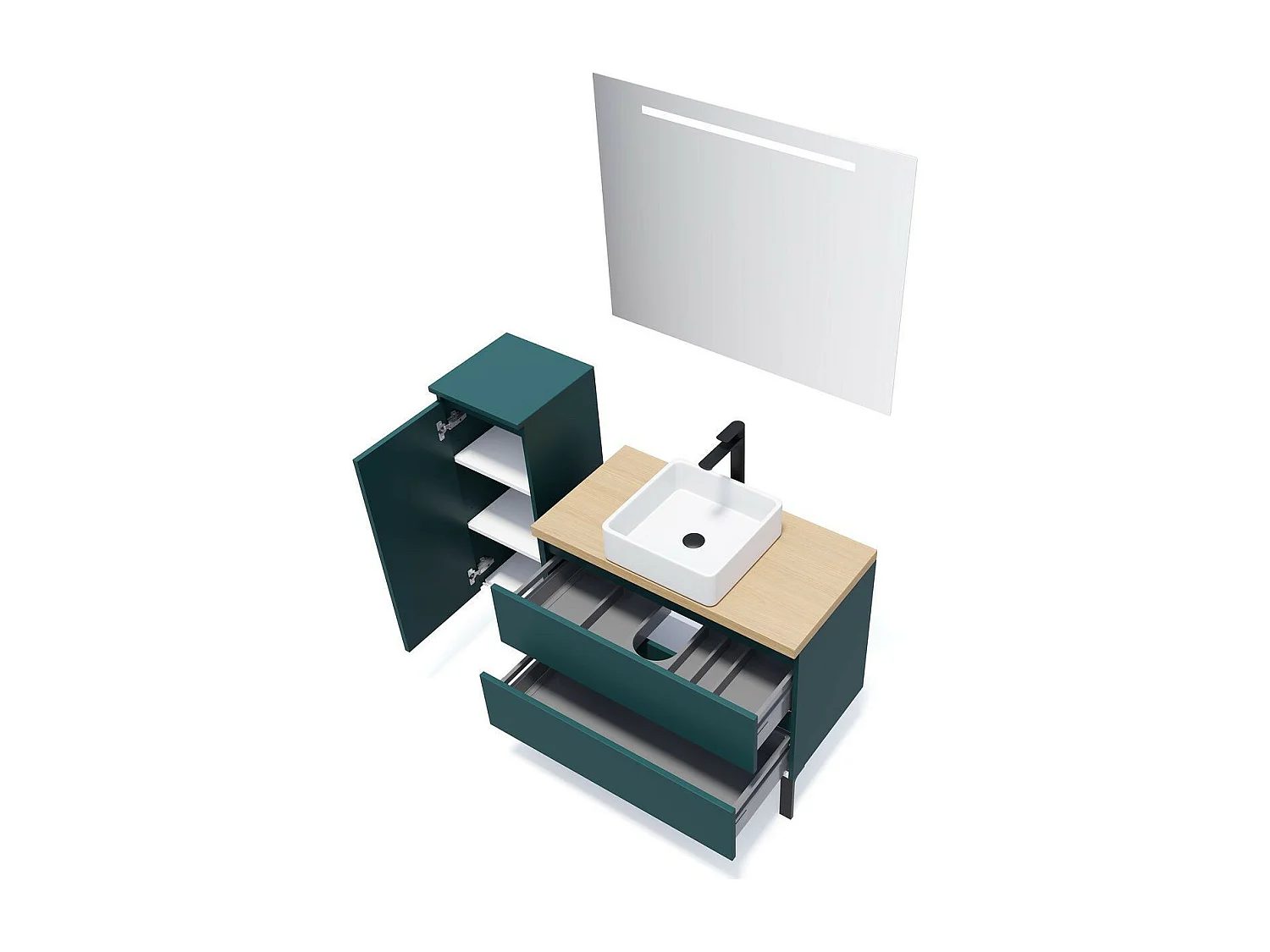 Meuble de salle de bain suspendu vasque à poser 90cm 2 tiroirs Bleu + miroir - Hudson