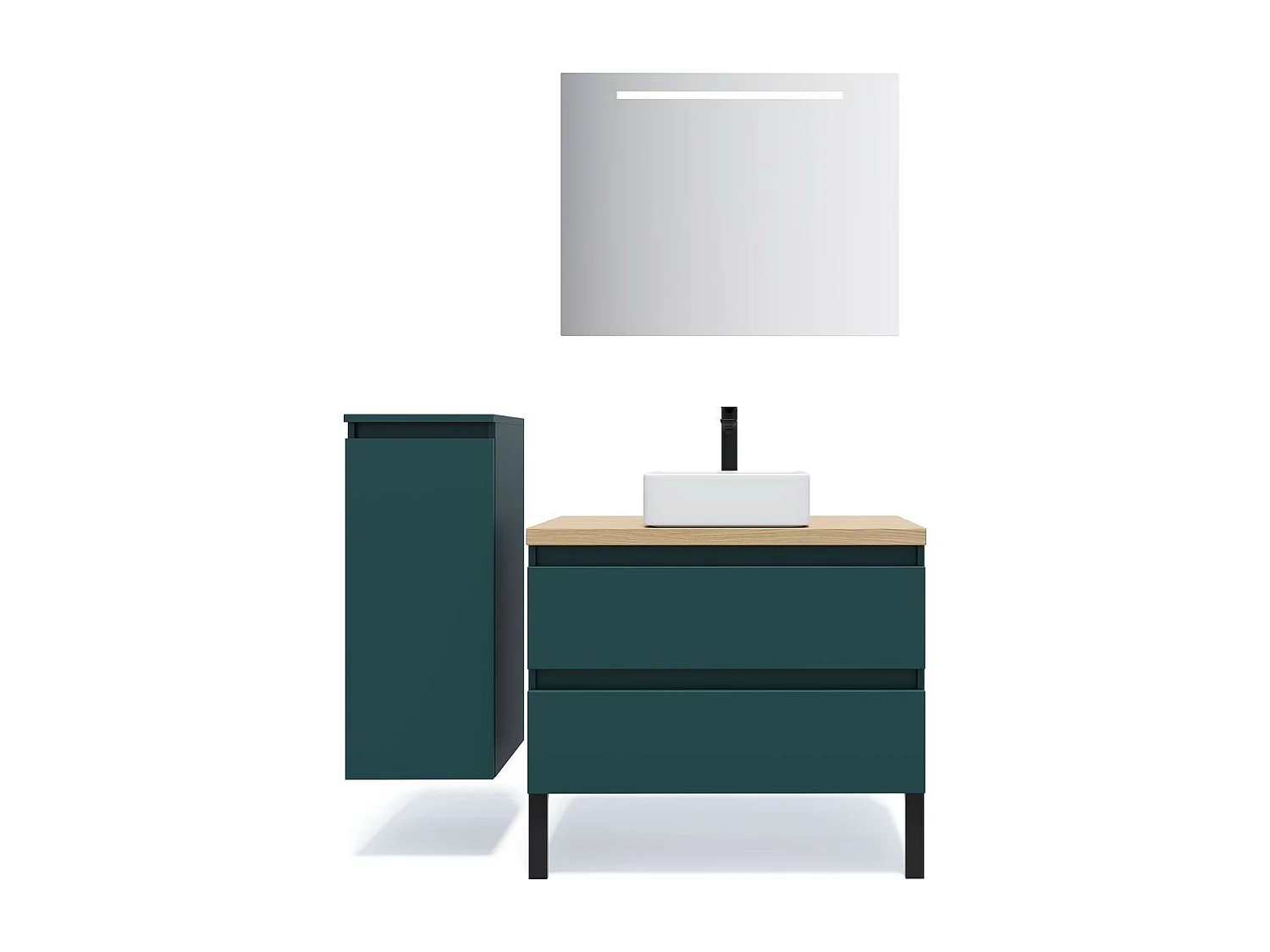 Meuble de salle de bain suspendu vasque à poser 90cm 2 tiroirs Bleu + miroir - Hudson