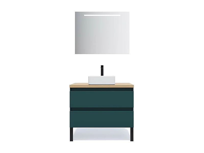 Meuble de salle de bain suspendu vasque à poser 90cm 2 tiroirs Bleu + miroir - Hudson