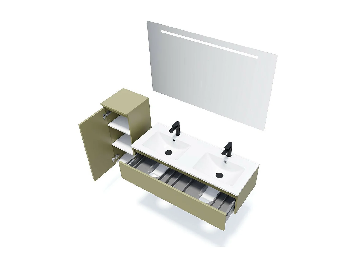 Meuble de salle de bain suspendu double vasque intégrée 120cm 1 tiroir Vert olive + miroir - Hudson